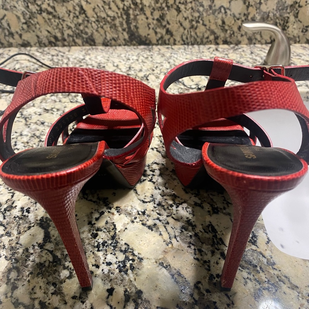 Saint Laurent Red Strappy Textured Leather Platform Heels - Picture 2 of 7